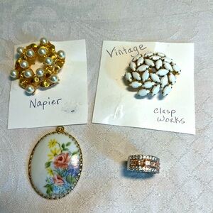 4 Pieces Total - 2 Vintage Brooches w inset stones, painted Floral Pendant, Ring
